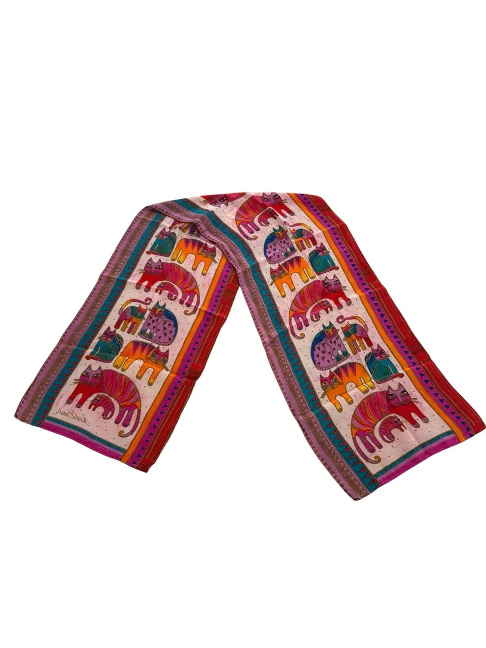 Laurel Burch Colorful Cats Silk Scarf Fantastic Felines Lot of 2 Scarves